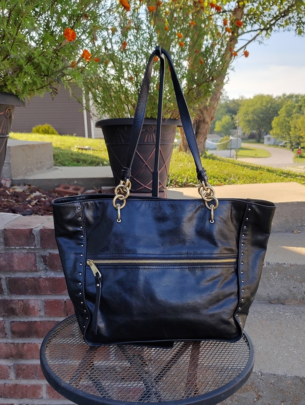 Badgley Mischka Tessa Shine Black Leather Studded Gold Hardware Large Tote Bag
